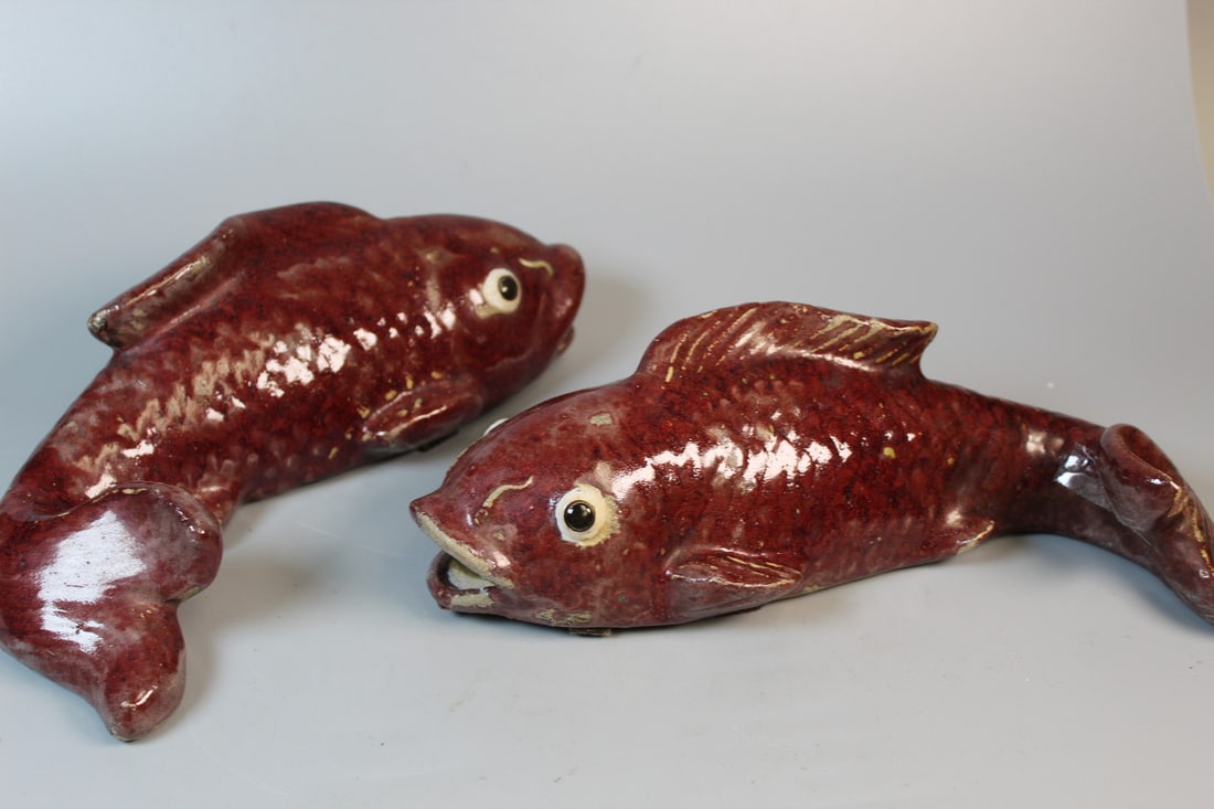 Pair of Chinese Red Glazed Carp Fish Porcelain Wall Pockets: Pair of Chinese Red Glazed Carp Fish Porcelain Wall Pockets. L 11".