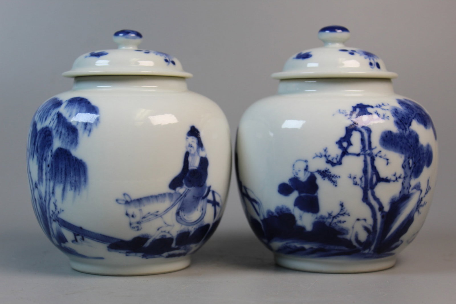Pair of Chinese Blue and White Porcelain Covered Jars (1 of 9)