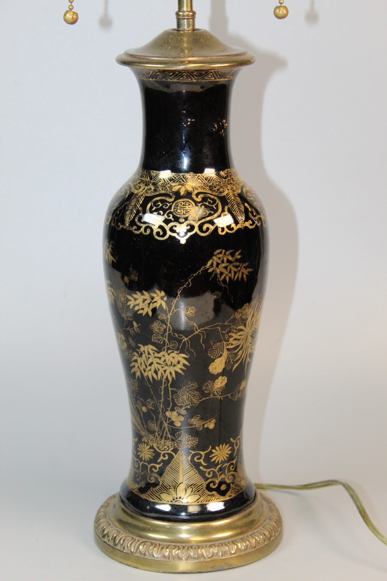 Chinese Gilt Mirror Black Porcelain Vase Lamp: Chinese Gilt Mirror Black Porcelain Vase Lamp. Vase H 11". Total H 25".