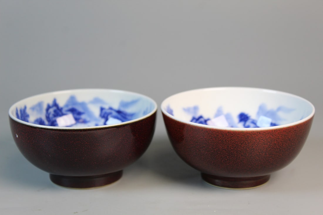 Pair of Chinese Golden Brown Glazed Blue and White Porcelain Bowls: Pair of Chinese Golden Brown Glazed Blue and White Porcelain Bowls. Diam 3.75".