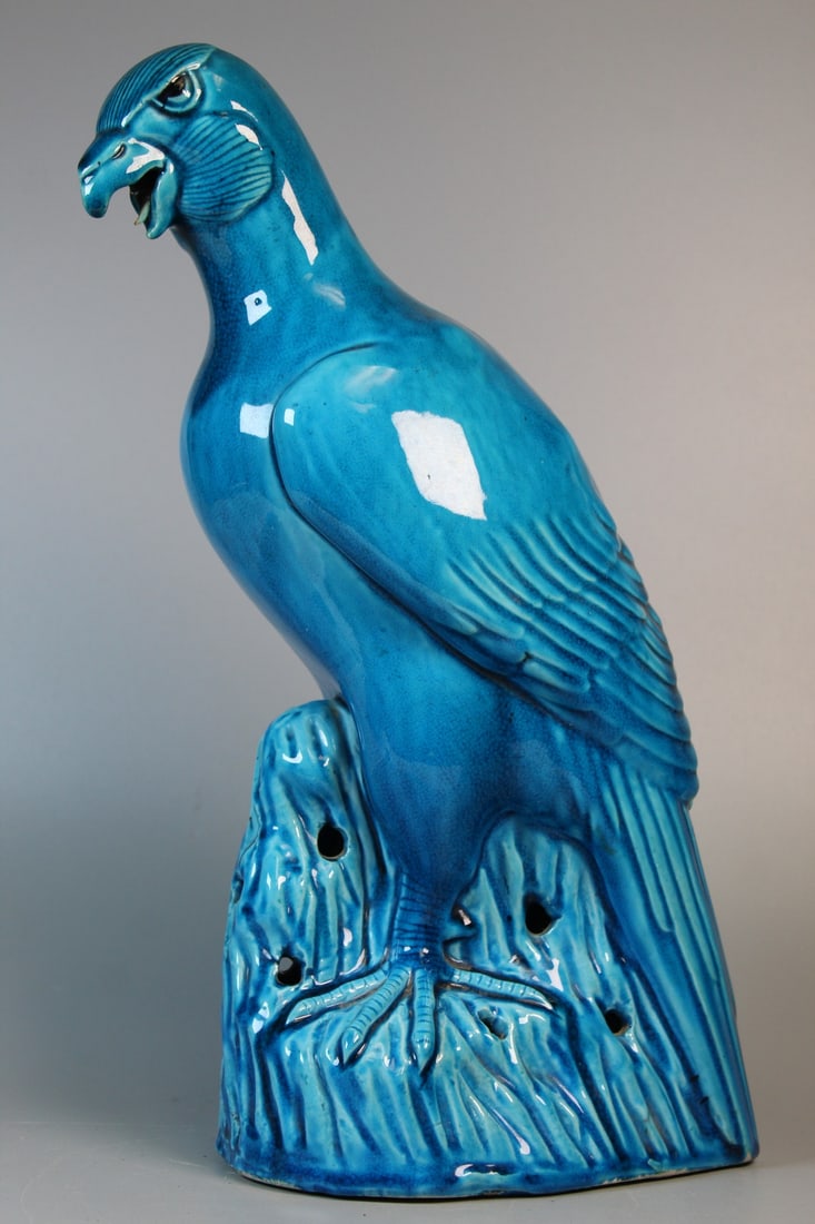 Large Chinese Turquoise Glazed Eagle Porcelain Statue: Large Chinese Turquoise Glazed Eagle Porcelain Statue. H 15".