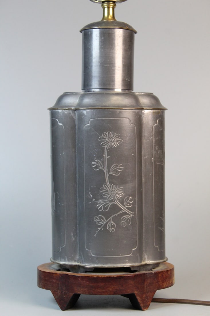Chinese Pewter Tea Caddy Lamp: Chinese Pewter Tea Caddy Lamp. Total H 15".