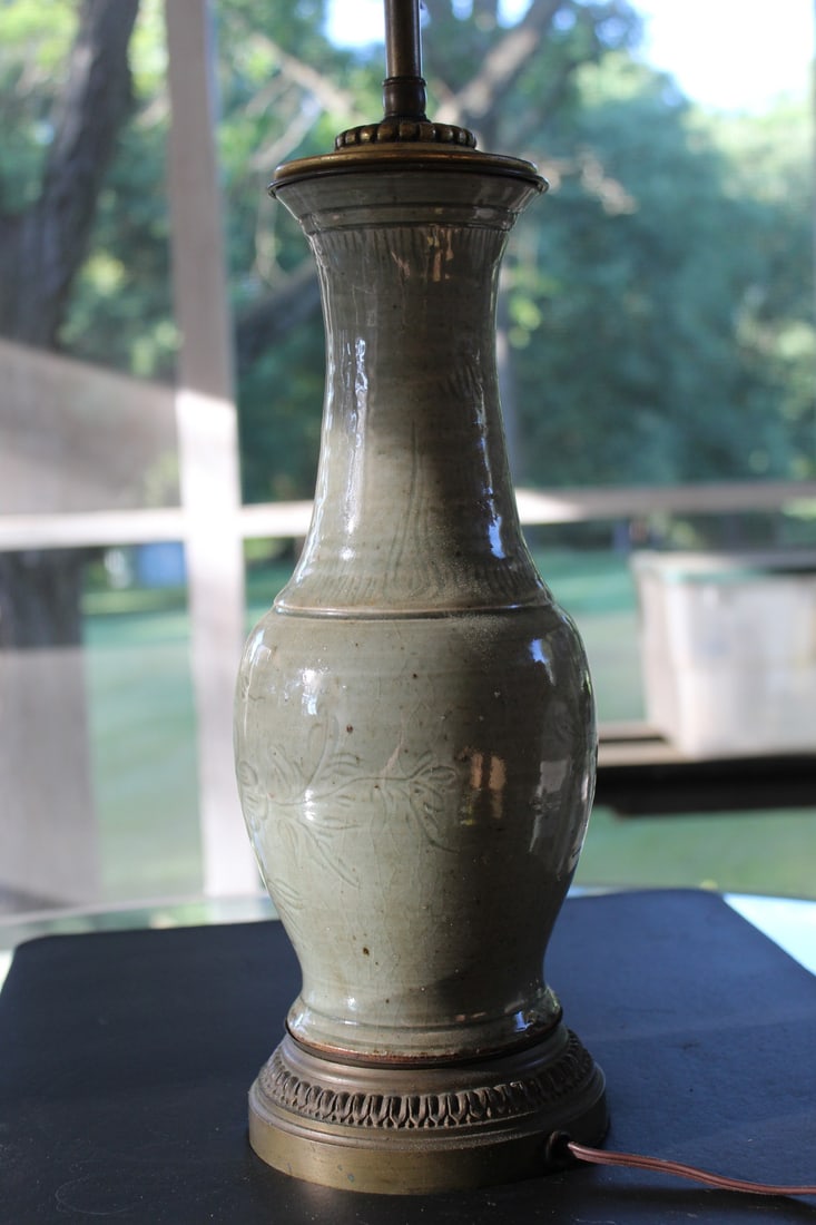 Chinese Longquan Celadon Vase Lamp, Ming Dynasty.: Chinese Longquan Celadon Vase Lamp, Ming Dynasty. Vase height 11.5". Total height 28".