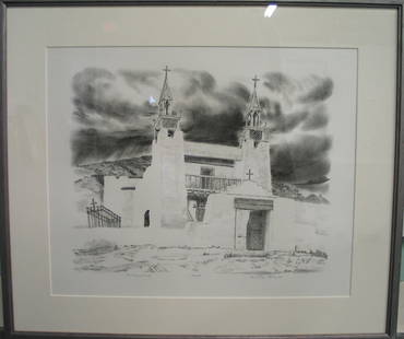 Church at Trampas Lithograph, signed and numbered by: Church at Trampas Lithograph, signed and numbered by Prentiss Taylor. Size 17 in X 22 in.