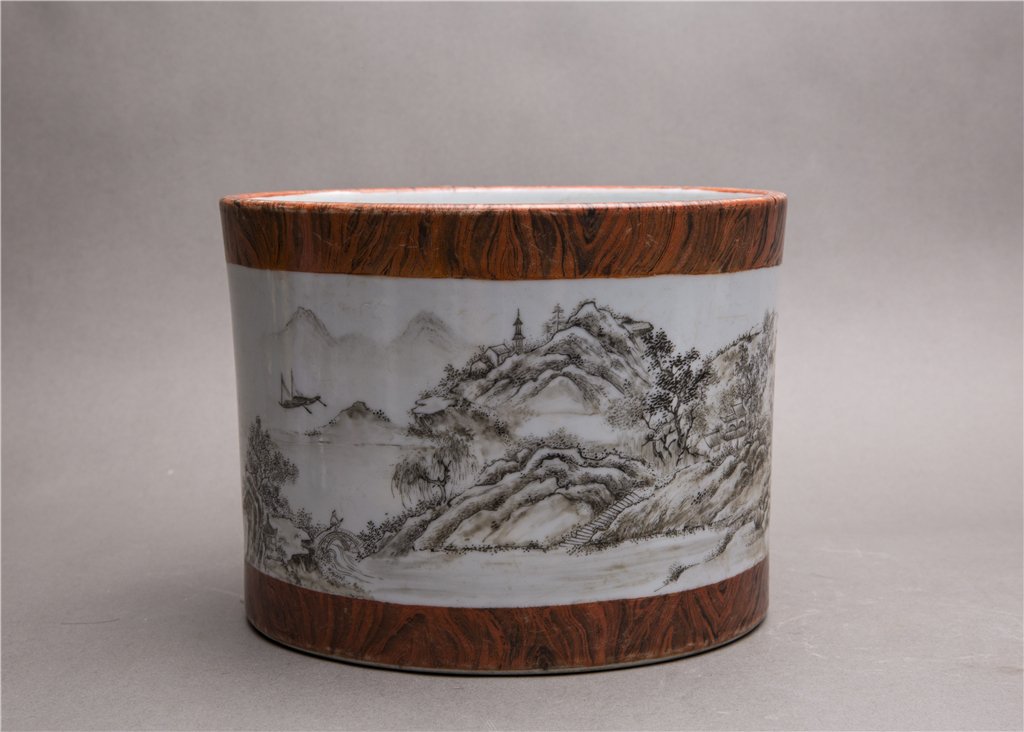 A FAUX BOIS GRISAILLE-DECORATED BRUSHPOT (1 of 4)