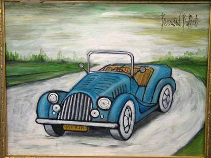 Car, by Bernard Buffet, Oil on Board.: Car, by Bernard Buffet, Oil on Board. Size: 17 1/4 in X 13 1/4 in (44 cm X 34 cm).