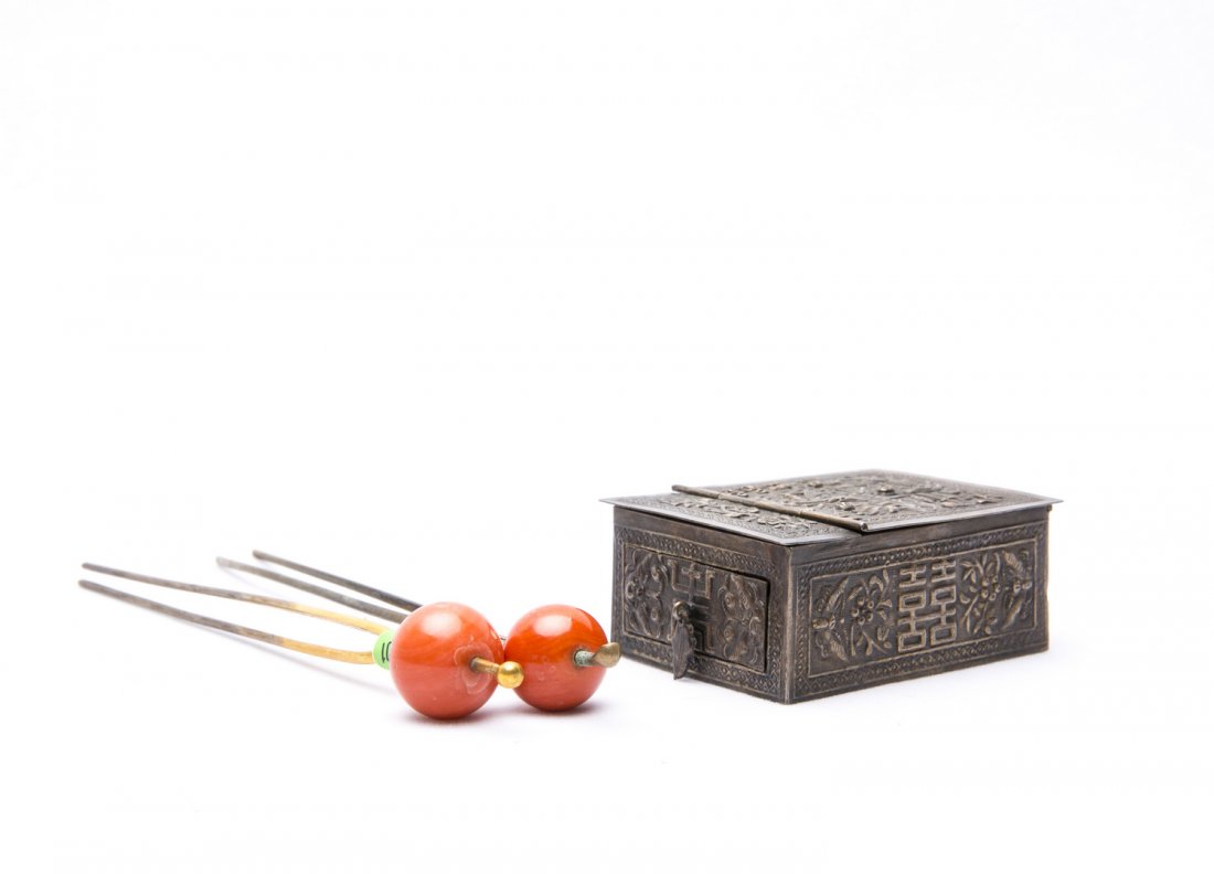 Chinese Metal Jewelry Box and 2 Coral Hairpins (1 of 6)