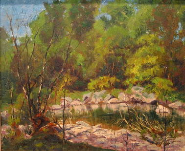 Summer Landscape of Rock Creek, Oil on Masonite: Summer Landscape of Rock Creek, oil on Masonite, Artist unknown. Size 20 X 24 in.