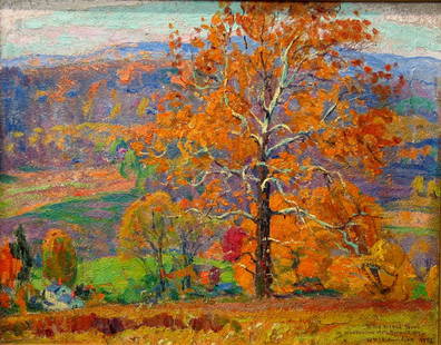 Panoramic Fall Landscape, oil on board signed dated &: Panoramic Fall Landscape, oil on board signed dated & dedicated lower right, by William John Edmondson (1868-1966) American Artist. Size 11 X 14 in.