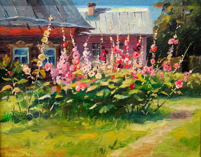 Summer Landscape with Hollyhocks, oil on board. Artist: Summer Landscape with Hollyhocks, oil on board. Artist Unknow. Size 9 x 11 1/2 in.