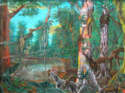 Forest Interior Scene, Watercolor Usko Ayar School of: Forest Interior Scene, Watercolor Usko Ayar School of Amazonian Art signed & dated, by Marlon Romero. Size: 14 X 19 1/2 in.