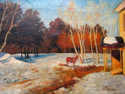 Winter on the Farm, oil on canvas signed lower right,: Winter on the Farm, oil on canvas signed lower right, by Y Shan. Size 16 X 24 in.