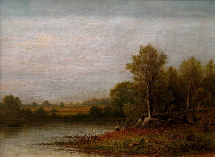 Fishing on a Summer Afternoon, by Charles Wilson Knapp: Fishing on a Summer Afternoon, by Charles Wilson Knapp (1822-1900), American Artist. oil on canvas signed lower left in a period Hudson River School Frame. Size 11 X 15 1/4 in.