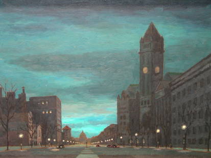 PA Avenue Sunrise-Old Post Office Tower (Trump's New: PA Avenue Sunrise-Old Post Office Tower (Trump's New Hotel) looking east toward the Capitol Building, by James Francis O'Brien, American Artist. Oil on canvas signed lower right. Size 18 X 24 in.