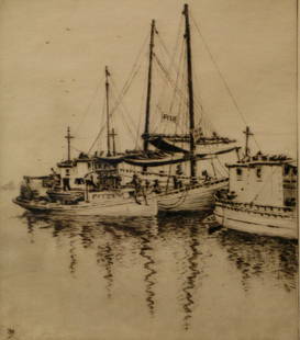 Fishing boats at Rockport etching signed by Benton B.: Fishing boats at Rockport etching signed by Benton B. Moore American Artist. Size 7 X 6 in.