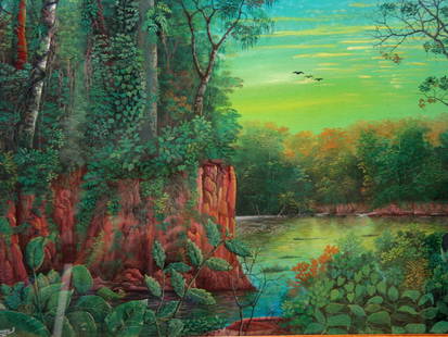 Forest Interior Scene, Water color Usko Ayar School of: Forest Interior Scene, Water color Usko Ayar School of Amazonian Art signed dated lower left, by Jorge E Ramirez. Size 18 in X 24 in.
