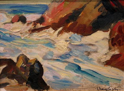 Winter Sea, by Paul Dougherty (1877-1947), American: Winter Sea, by Paul Dougherty (1877-1947), American Artist. Oil on canvas board old Findlay Galleries labelÊon back signed lower right. Size 8 X 10 in.