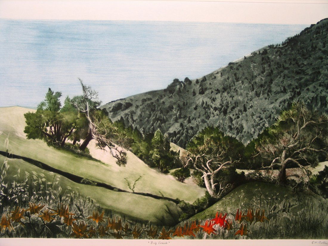Big Creek, by G. H. Rothe. Hand Signed Limited Edition: Big Creek, by G. H. Rothe. Hand Signed Limited Edition Mezzotint Etching. Image Size: 24 in X 35.5 in. Paper Size: 30 in X 42.5 in.
