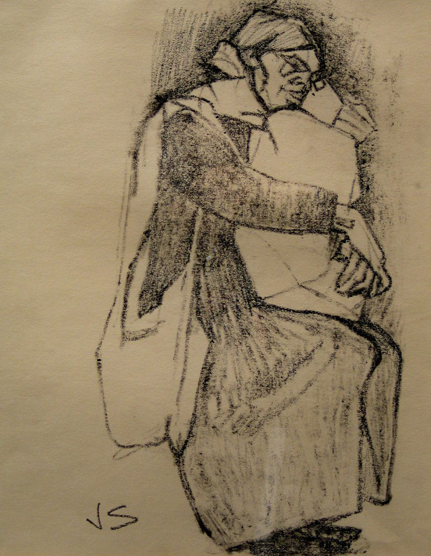 Dead Tired, Woman Holding Groceries Crayon and: Dead Tired.Woman Holding Groceries Crayon and Graphite, Signed lower left by Joseph Solman (1909 - 2008), American artist. Provenance: Robert Brown Gallery Washington DC. 1993 Joseph Solman Retrospect