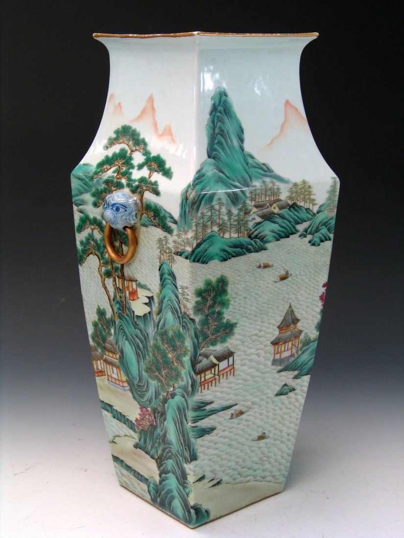 Chinese famille rose square vase. Qianlong mark. (1 of 3)
