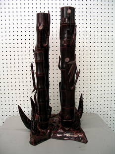 Chinese wood carving of bamboo: Chinese wood carving of bamboo. Ht 61 cm.