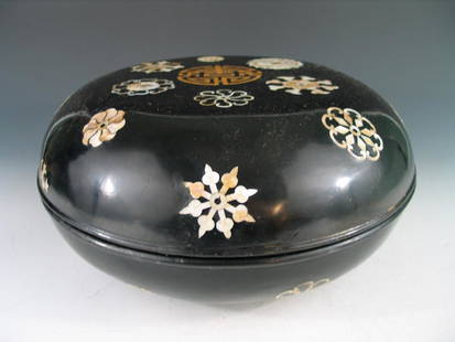 A Large Chinese lacquer box with mother of pearl inlaid: A large Chinese lacquer box with mother of pearl inlaid. Ht 18 cm. Diameter 39 cm. Provenance: A VA estate.