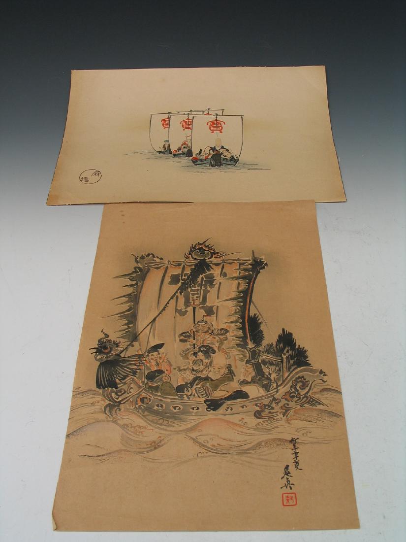 Japanese wood block print and water color painting on (1 of 5)