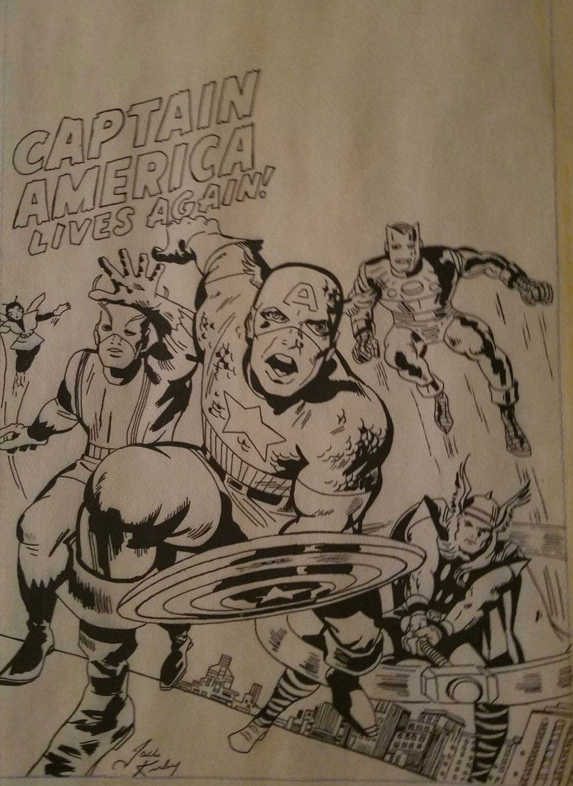 Jack Kirby,Captain America ,Avengers,original comic art: CAPTAIN AMERICA AVENGERS DRAWING BY JACK KIRBY, SIZE 11.7X8.2 INCH, SIGNED: FRONT RIGHT AND VERSO, PROVENANCE: THE COPYRIGHT STAMP OF JACK KIRBY.