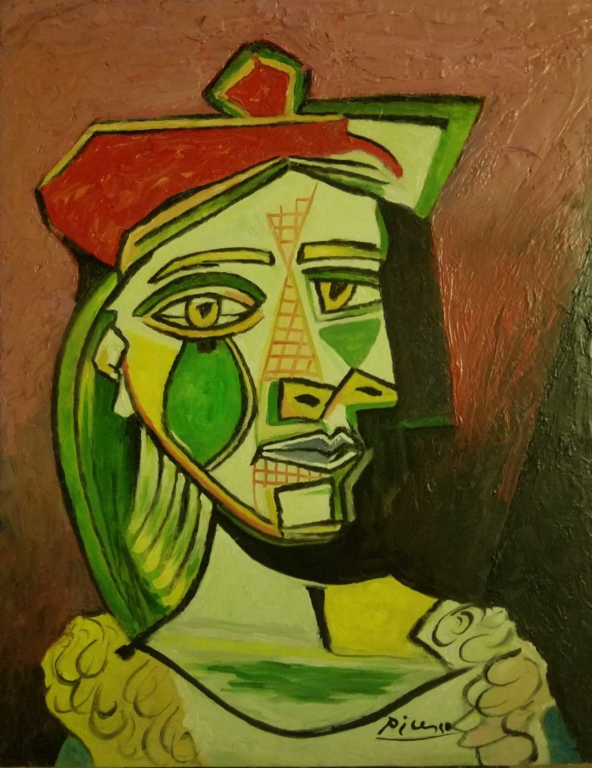 PABLO PICASSO Spanish 1881-1973 Oil Portrait: Oil on canvas. Featuring a cubist portrait. Signed and attr. Pablo Picasso (Spanish, 1881-1973) on upper left corner. 18x24 inch,Stamped with reference number on verso, Accompanied with certificate.