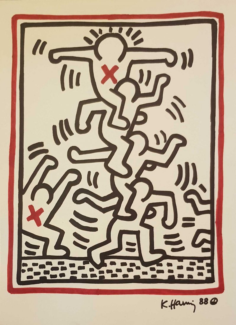KEITH HARING UNTITLED 1988: Ink on card stock,featuring six persons ,"KEITH HARING ESTATE CERTIFICATE OF AUTHENTICATION [illegible] hereby certify [illegible] an original work of art by Keith Haring. Title "Untitled '88 Dimensio