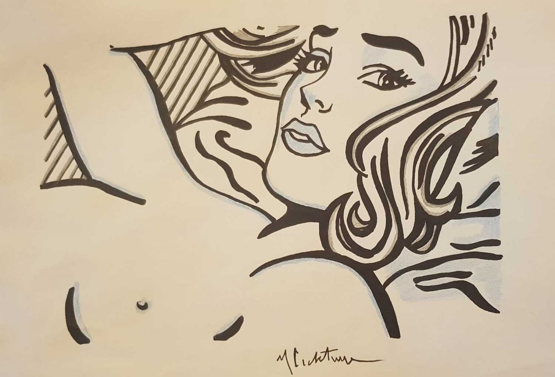Roy LICHTENSTEIN (American, 1923 - 1997): Mixed media on paper . Featuring a woman lying on the bed. Signed Roy Lichtenstein on the lower right corner in pen. Stamped LICTHENSTEIN copyright stamp verso. Label affixed to verso inscribed reads