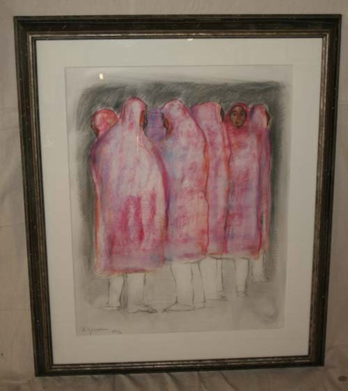 Pastel by R.C. Gorman: Listed Navajo artist R.C. (Rudolph Carl) Gorman (1932-2005) New Mexico/Arizona. Great multi- figured pastel, signed and dated 1973. From local estate with original receipt from 1973. 29 1/2 X 23 1/2