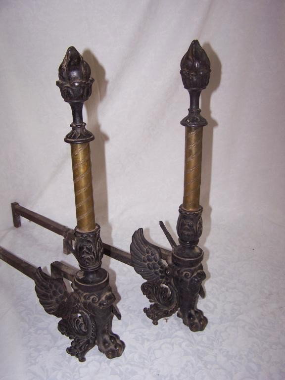Brass & Iron Andirons: Vintage Set, Great Detail in Good Condition 17h x 13w x 6d
