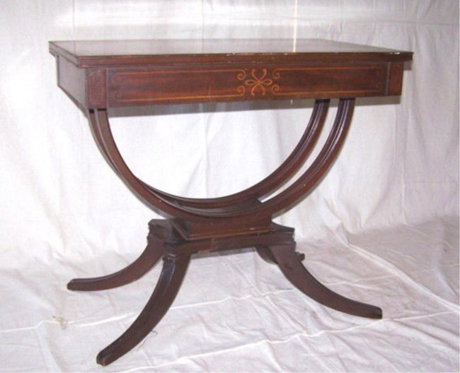 Duncan Phyfe Style Mahogany Side Tables: c.1940's Nice tables with pencil inlay. 26.5h x 30w x 16d