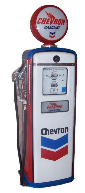 1950's Gilbarco Gas Pump: Mid 1900s Chevron motif with pump and motor with reproduction globe.