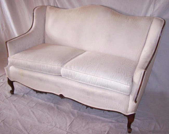 Regence Style Settee/Sofa: 1900s settee with Queen Ann style legs in good reupholstered condition. 35h X 57w X 32d