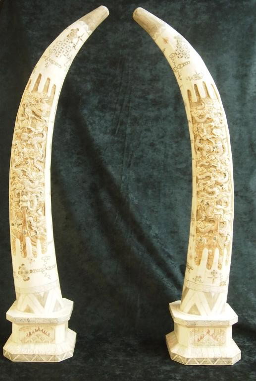 Pair of Fine Medium Sized Table Tusks: With Color Silk Etching and Dragons Throughout. 44"h