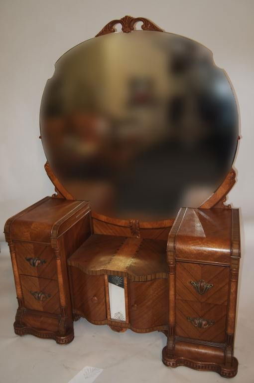 1920's Art Deco Set: Hi- Boy: 60h x 34w x 20d Vanity: 71h x 50w x 20d Nite Stand: 29h x 15w x 14d Vanity Bench: 33h x 27w x 21d