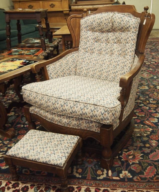 Oak Upholstered Chair with Footstool