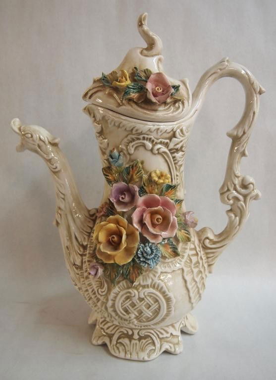 Capodimonte Decorated Pitcher: Nice Detail, Minor Chips on Flowers 18h x 14w