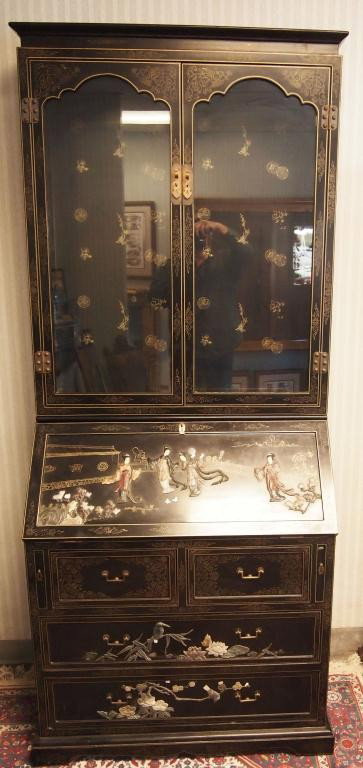 Black Laquered Chinese Secretary Bookcase: 86"h x 36"w x 22"d