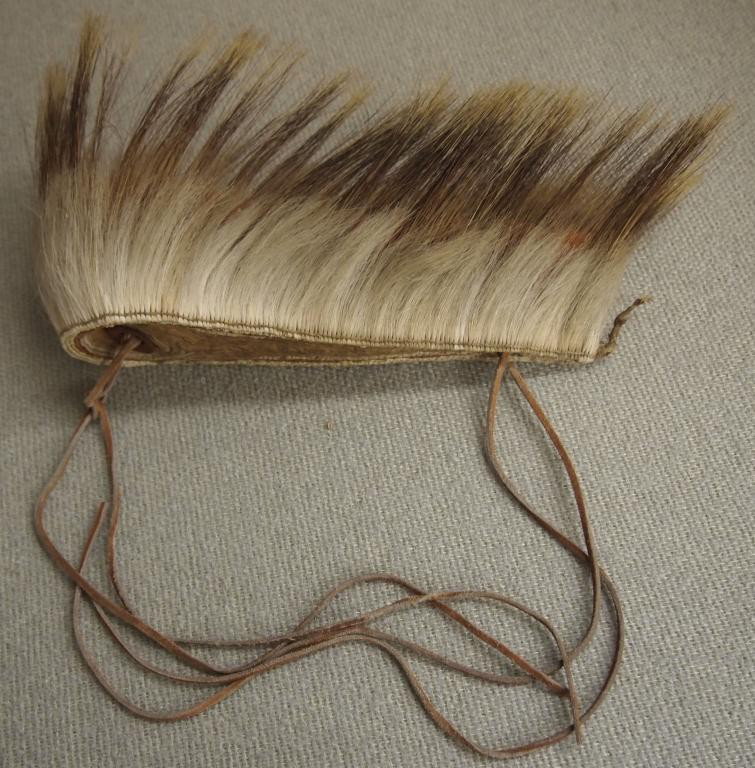 Plains Indian Roach c.1900: Deer Hide & Fur with Porcupine Quills, Feathers and Red Pigment. Eagle Feathers Were Removed 6"h x 12"w