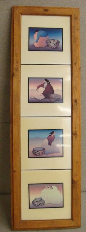 4 Framed "R.C. Gorman" Indian Tiles: Tile Size 7 3/4 " x 7 3/4 Total Size: 34"h x 10"w Contemporary