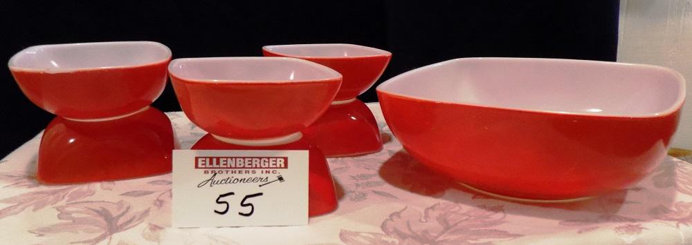 PYREX: RED MASTER BOWL W/6-SMALL BOWLS