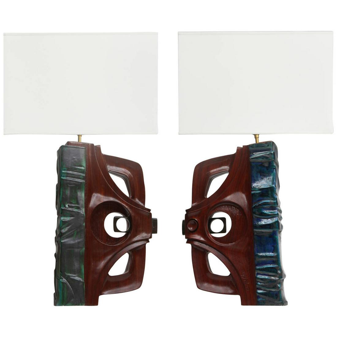 Gianni Pinna - Pair of ceramic and wood table lamps (1 of 7)