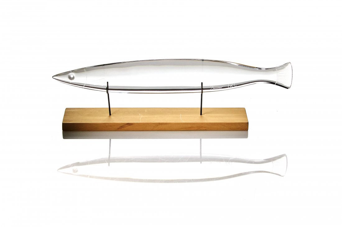 Claude & Francois Xavier Lalanne Fish Letter Opener: Claude & Francois Xavier Lalanne fish letter opener, made in conjunction with baccarat. 1998.Made in France. Crystal, Brass, Fruitwood. Incised Baccarat, FXL 2798.Sold with original box. 3.25" x 10" x
