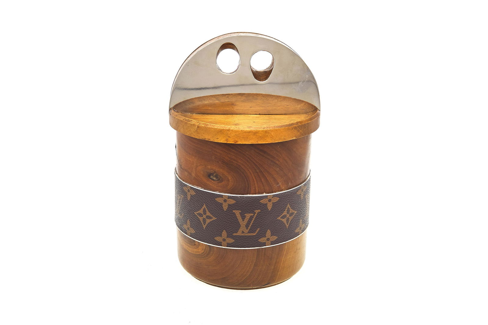 Louis Vuitton Humidor: Louis Vuitton Humidor, made out of nickel, wood and monogram canvas wrap. Marked on bottom. 1950's