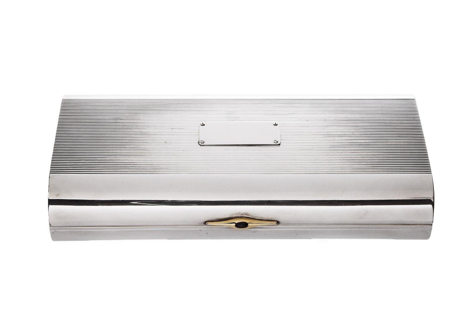 Cartier Sterling, Gold & Lapis Box: A fine box by Cartier with a wooden and sterling body. Featuring a gold and lapis thumb-push. 1960s, Marked on inner rim.