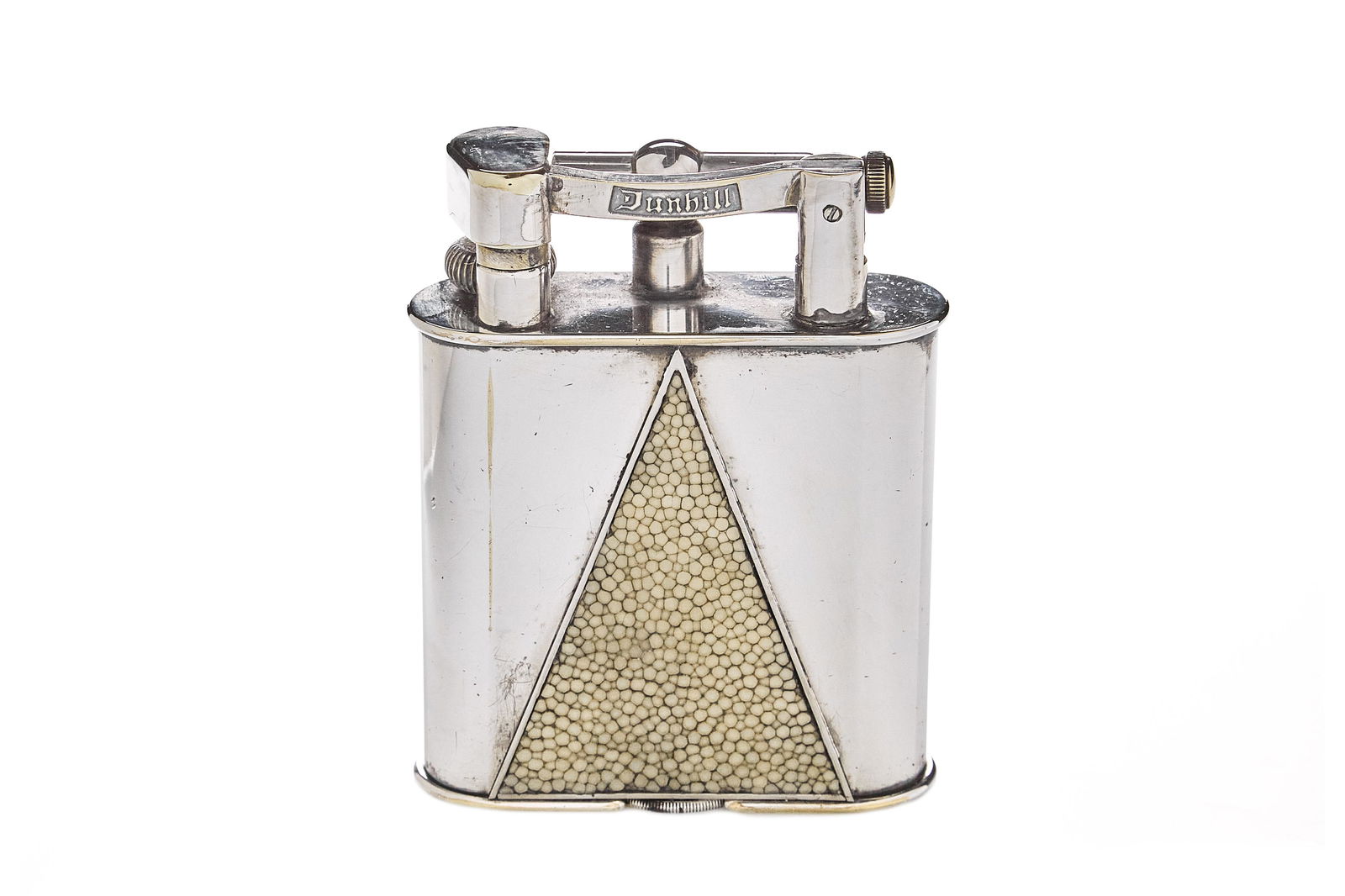 Dunhill Jumbo Table Lighter with Shagreen: A Dunhill jumbo table lighter adorned with a triangle of shagreen. 1950s. Marked on bottom.