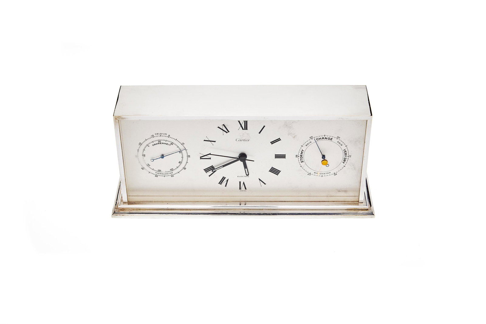 Cartier Desk Clock & Weatherstation: Cartier Desk Clock and weatherstation, silverplate. Quartz movement. Missing a foot. Untested.